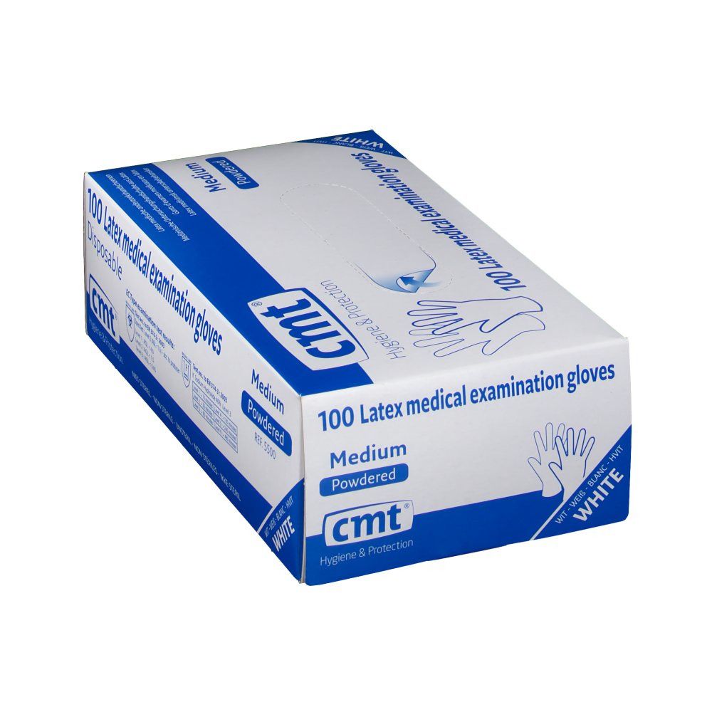 Boîte blanche avec logo cmt® et inscription "100 Latex medical examination gloves". Taille Medium, poudrés.