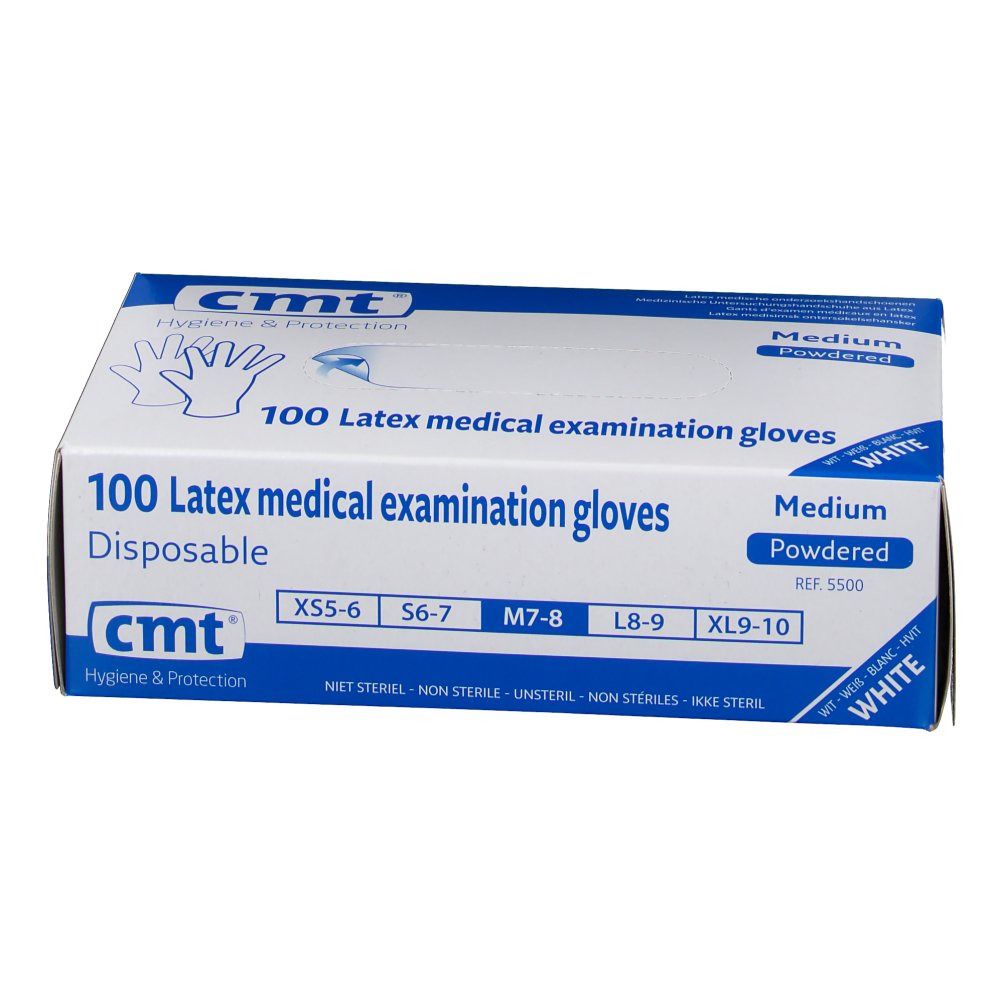 Boîte blanche avec logo cmt® et inscription "100 Latex medical examination gloves". Taille Medium, poudrés.