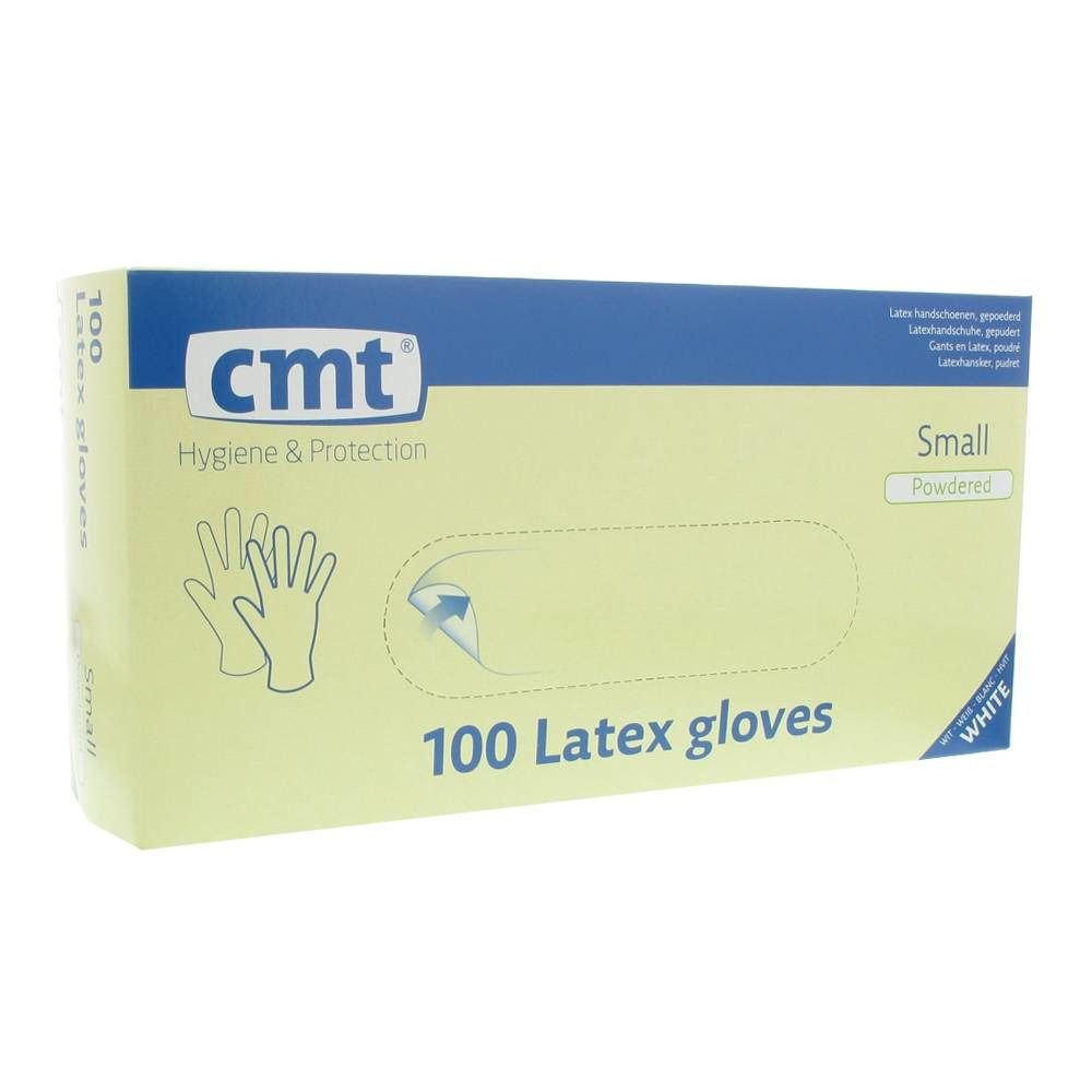 Boîte de 100 gants en latex Small, marque cmt. Blanc, poudrés. Hygiene & Protection.