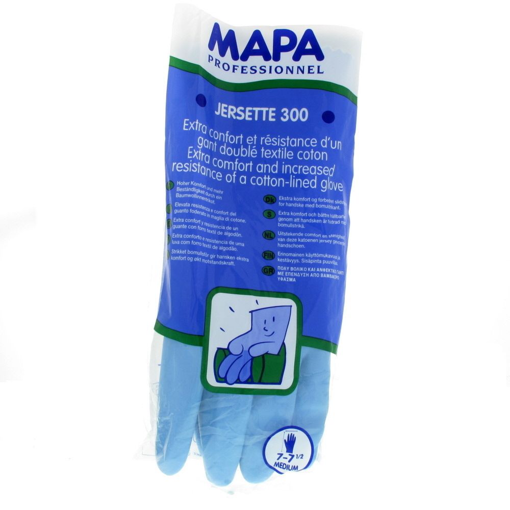 Gants bleus dans un emballage. Inscription: MAPA PROFESSIONNEL, JERSETTE 300, 7-7 1/2, MEDIUM.