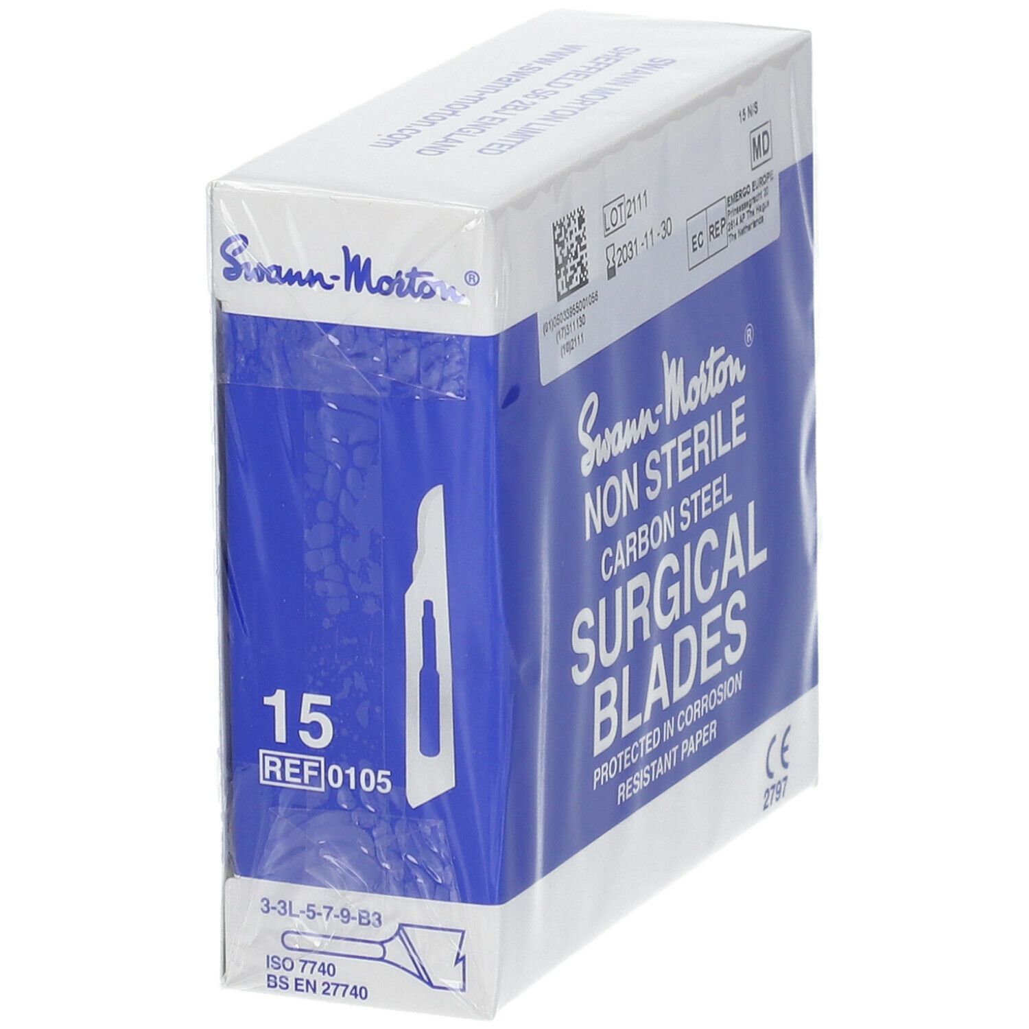 Zijkant verpakking chirurgische mesjes nr. 15, onsteriel. Productinfo en CE-markering zichtbaar.