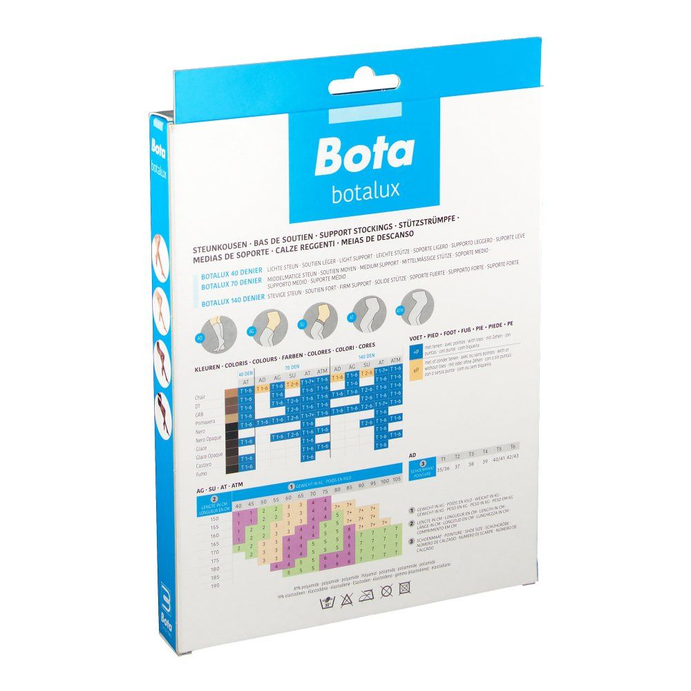 Dos de l'emballage des collants Bota Botalux. Informations et tableau des tailles imprimés.