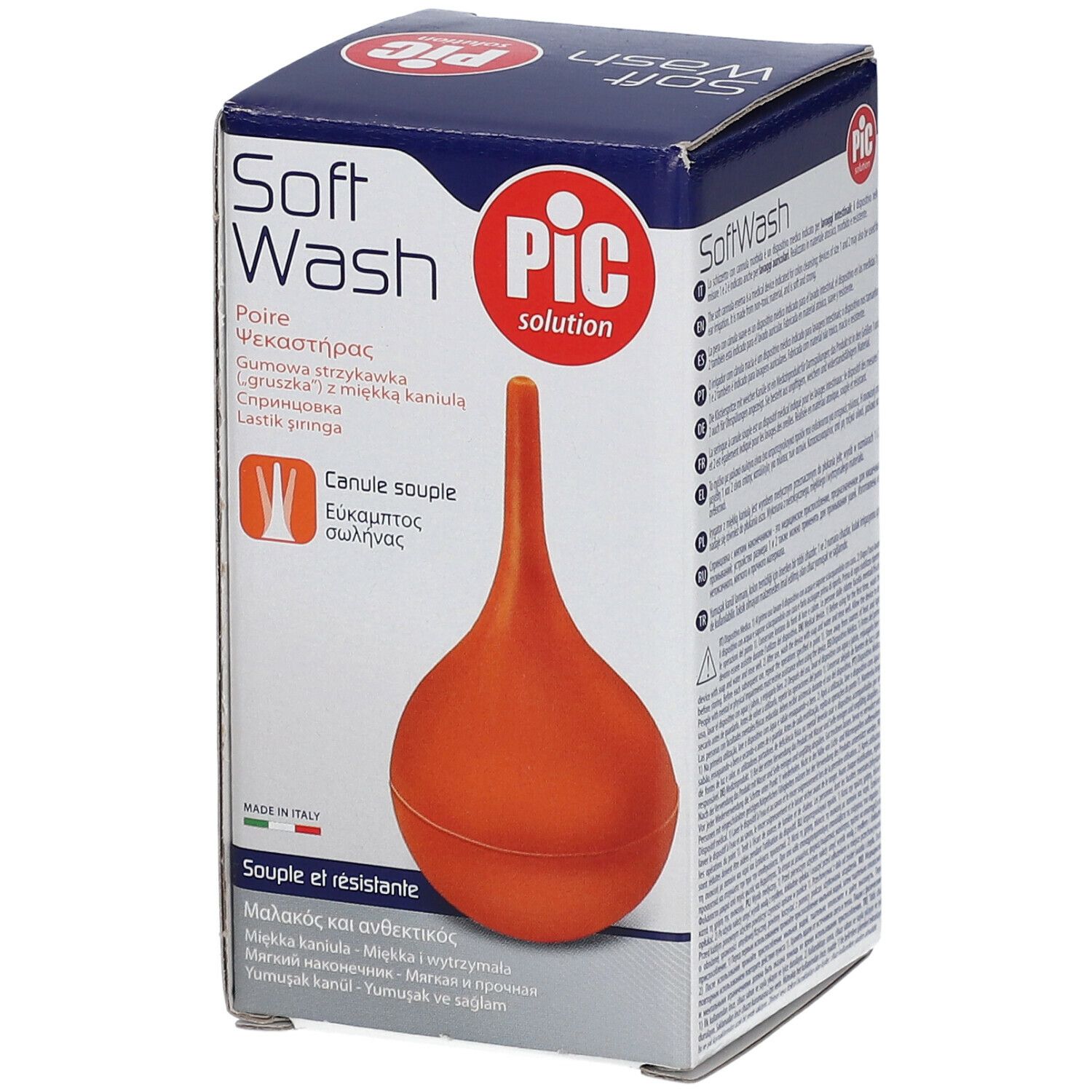 Oranje waterspuit in verpakking. Opschrift: Soft Wash, PIC solution. Met flexibele canule. Gemaakt in Italië.