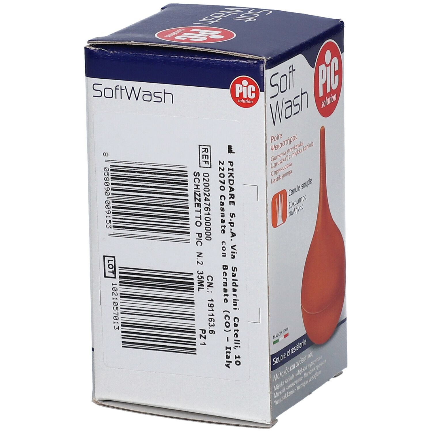 Verpakking van de waterspuit. Opschrift: Soft Wash, PIC solution. Barcode en productinformatie. Gemaakt in Italië.