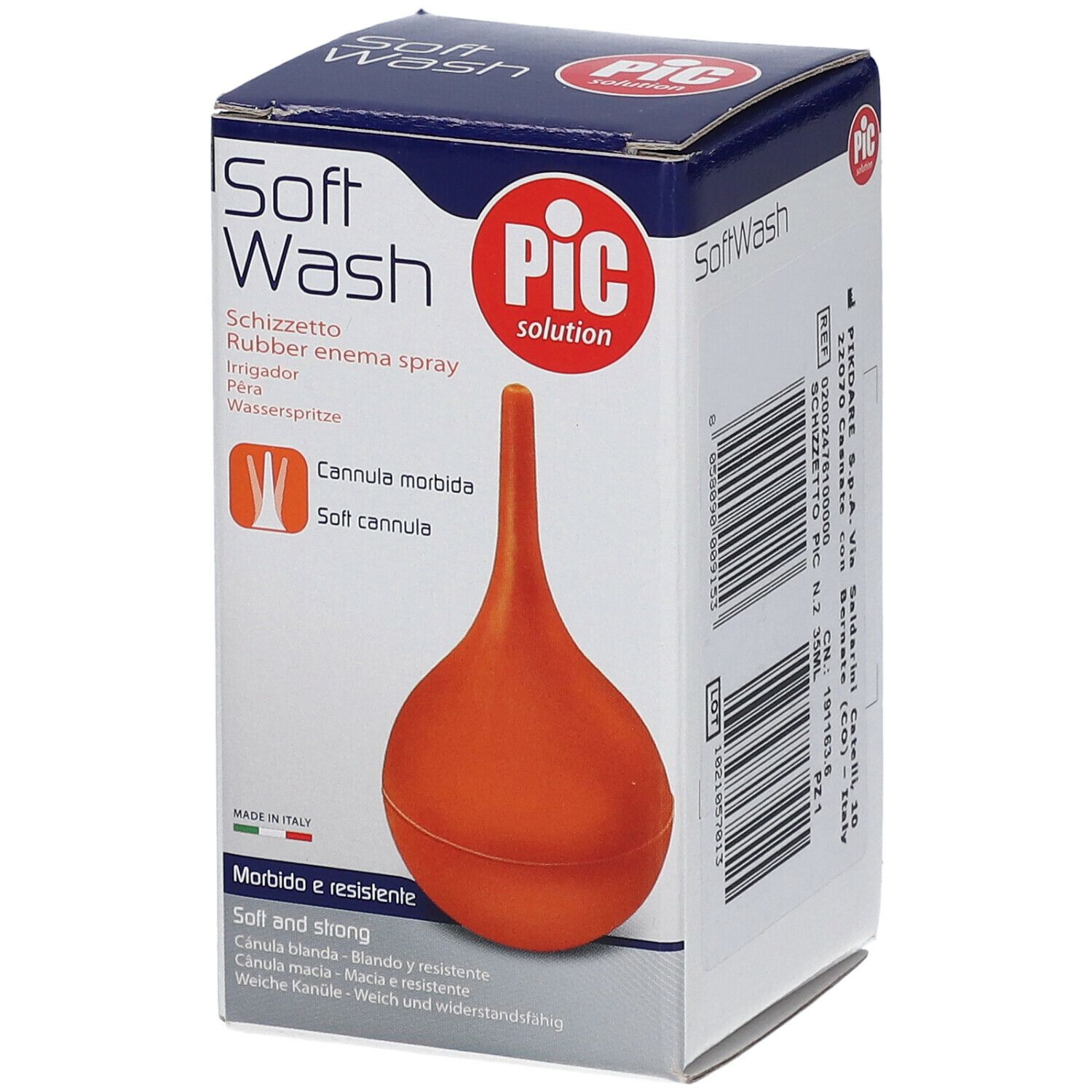 Waterspuit in verpakking. Opschrift: Soft Wash, PIC solution. Met flexibele canule. Gemaakt in Italië. Productnaam in meerdere talen.