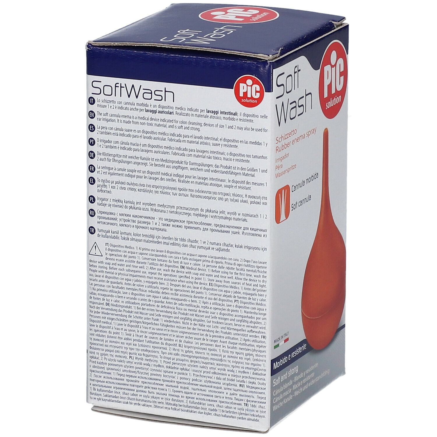 Verpakking van de waterspuit. Opschrift: Soft Wash, PIC solution. Productinformatie en gebruiksaanwijzing. Gemaakt in Italië.