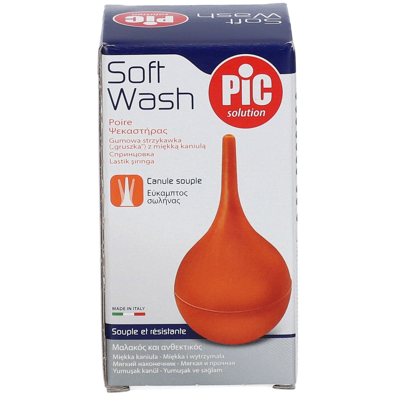 Oranje waterspuit in verpakking. Opschrift: Soft Wash, PIC solution. Met flexibele canule. Gemaakt in Italië.