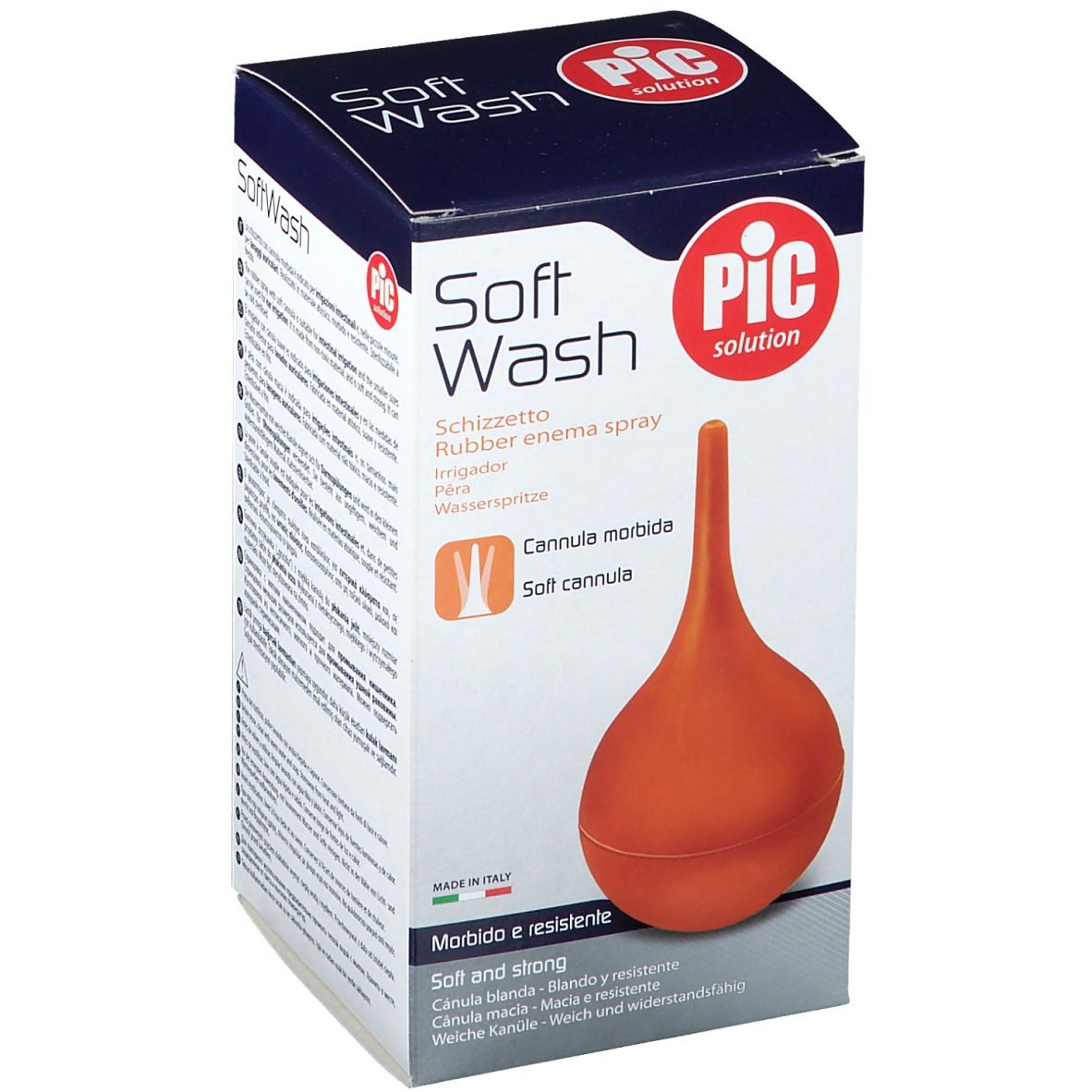 Poire à irrigation orange dans emballage. Inscription: Soft Wash, PIC solution. Canule souple.
