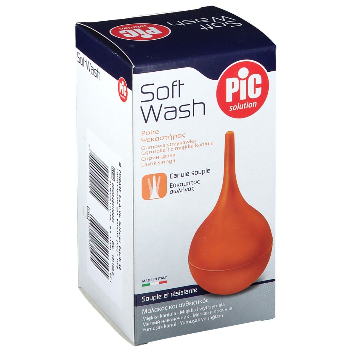 Emballage avec poire à irrigation. Inscription: Soft Wash, PIC solution. Désignations multilingues.