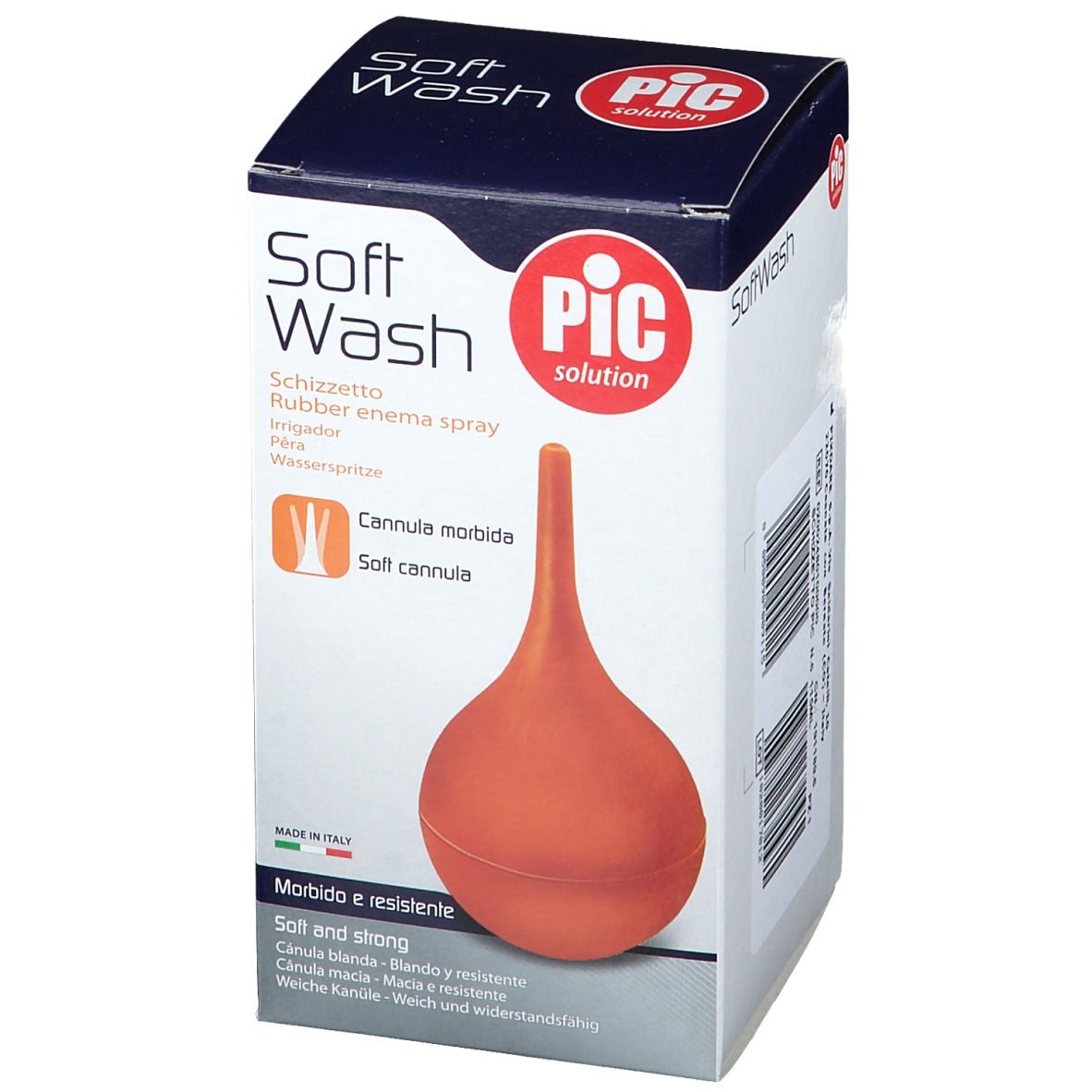 Poire à irrigation orange dans emballage. Inscription: Soft Wash, PIC solution. Canule souple.
