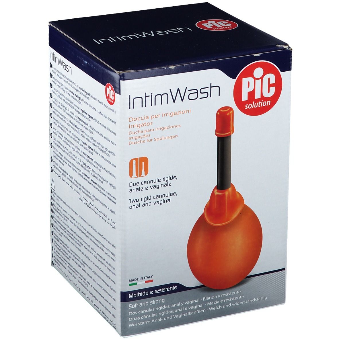Boîte avec produit. Sphère orange, tube noir, embout rouge. Texte: IntimWash, PIC solution. Deux canules rigides.