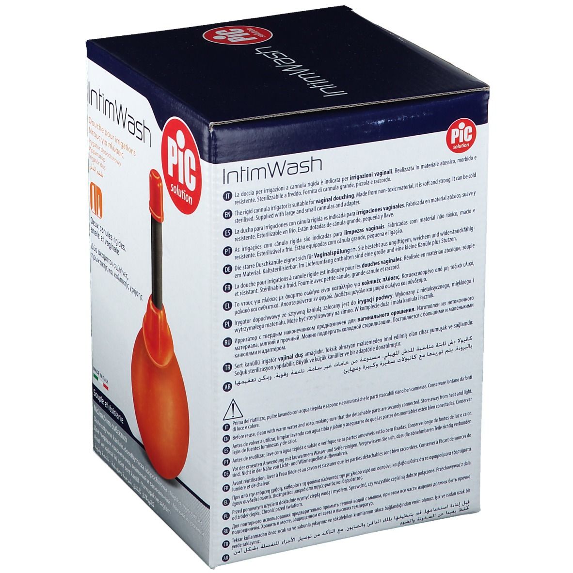 Boîte. Produit partiellement visible. Texte: IntimWash, PIC solution. Texte multilingue sur l'emballage.
