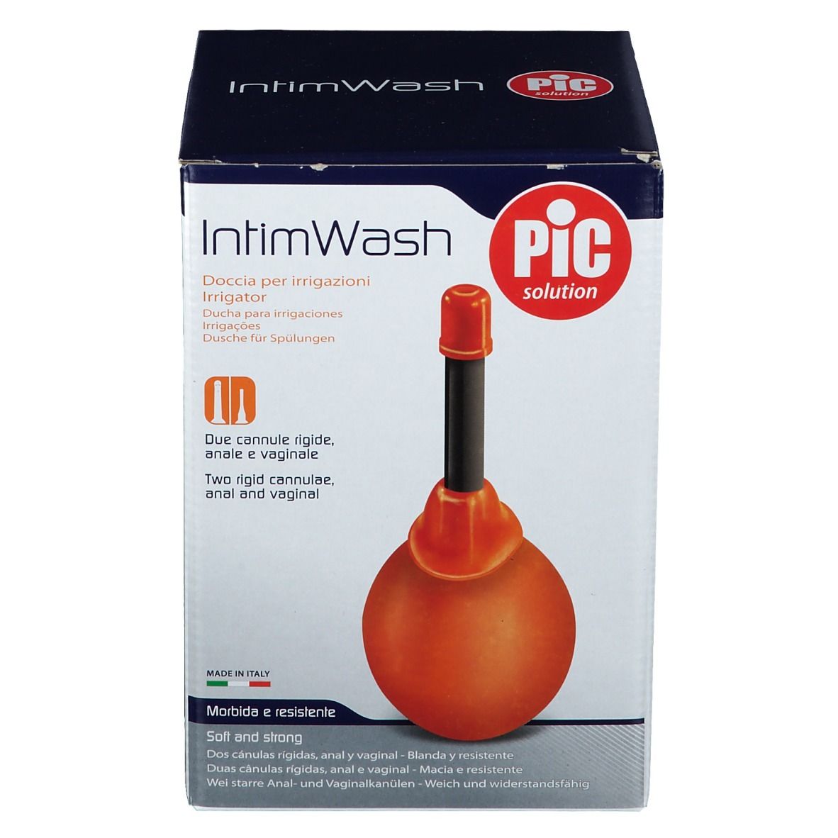 Boîte avec produit. Sphère orange, tube noir, embout rouge. Texte: IntimWash, PIC solution. Fabriqué en Italie.