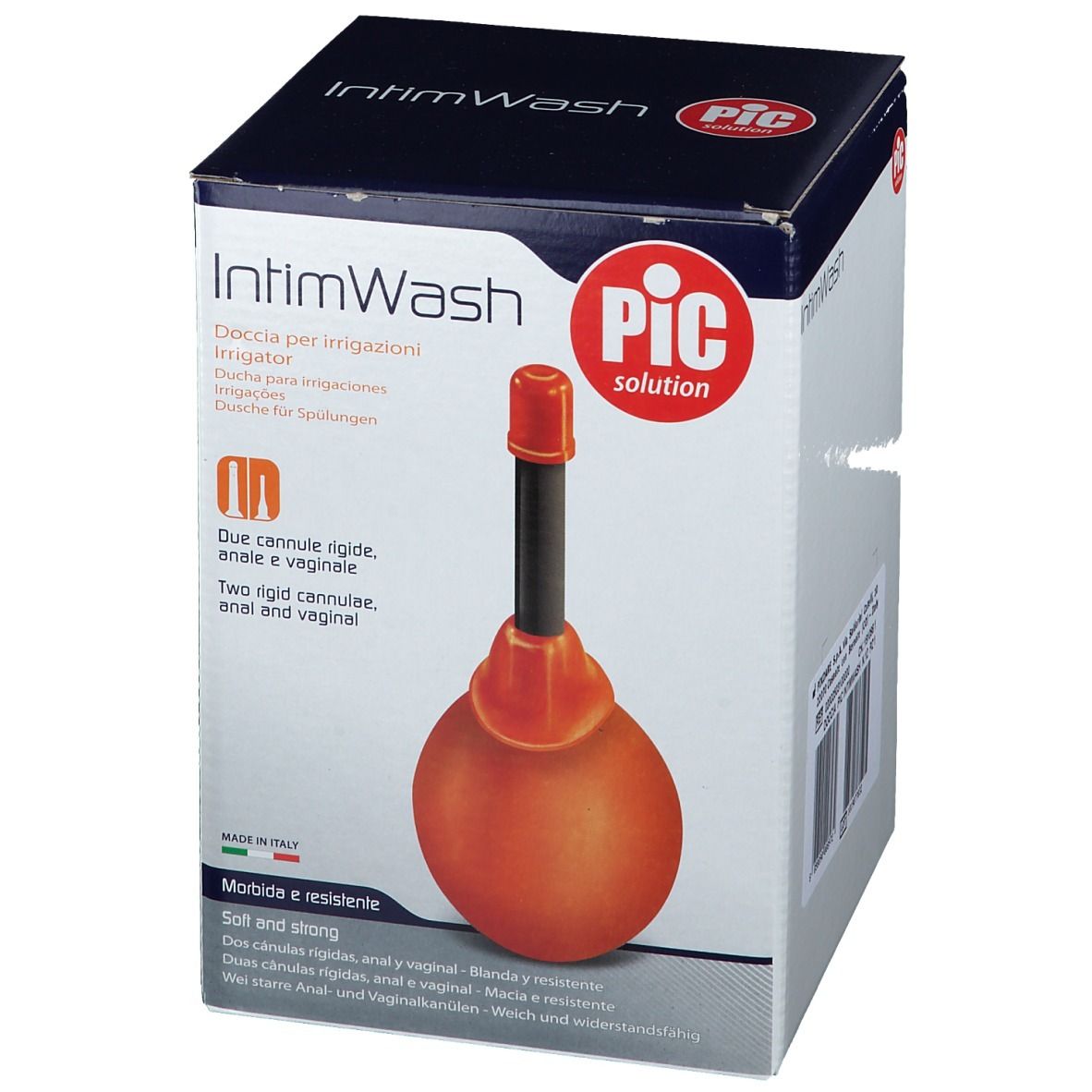 Boîte avec produit. Sphère orange, tube noir, embout rouge. Texte: IntimWash, PIC solution. Deux canules rigides.