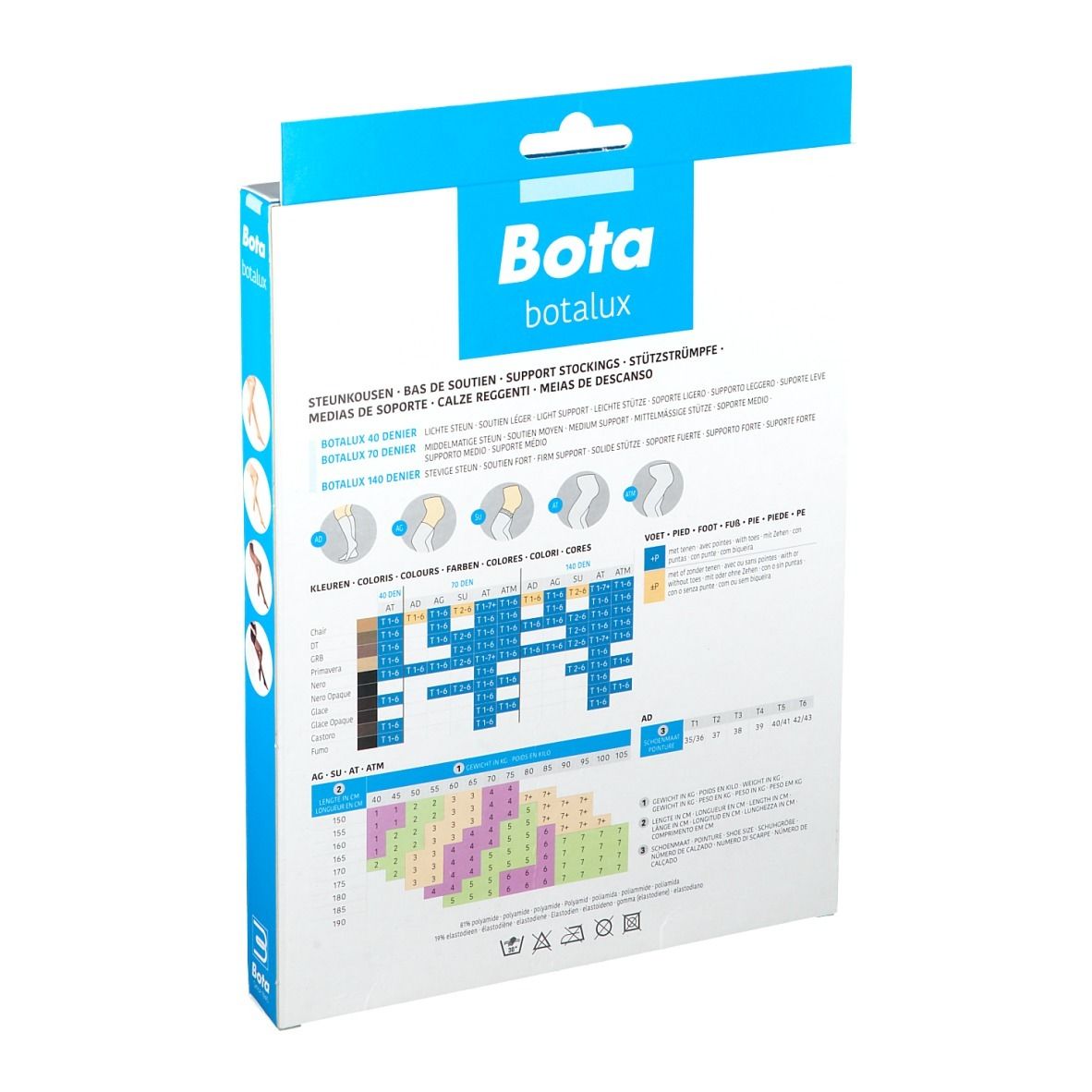 Dos de la boîte Botalux 70. Tableau des tailles et informations sur le produit. Emballage bleu et blanc.