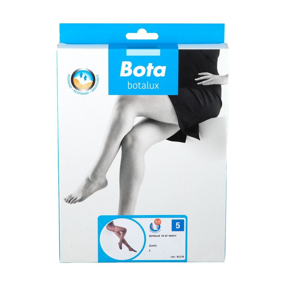 Boîte de collants de maintien Botalux 70. Femme portant des collants. Informations sur le produit et logo.