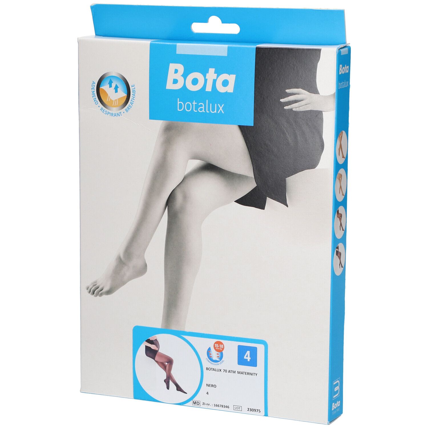Emballage Bota Botalux 70 ATM de maternité, taille 4. Image de jambes. Nom du produit et taille clairement visibles.