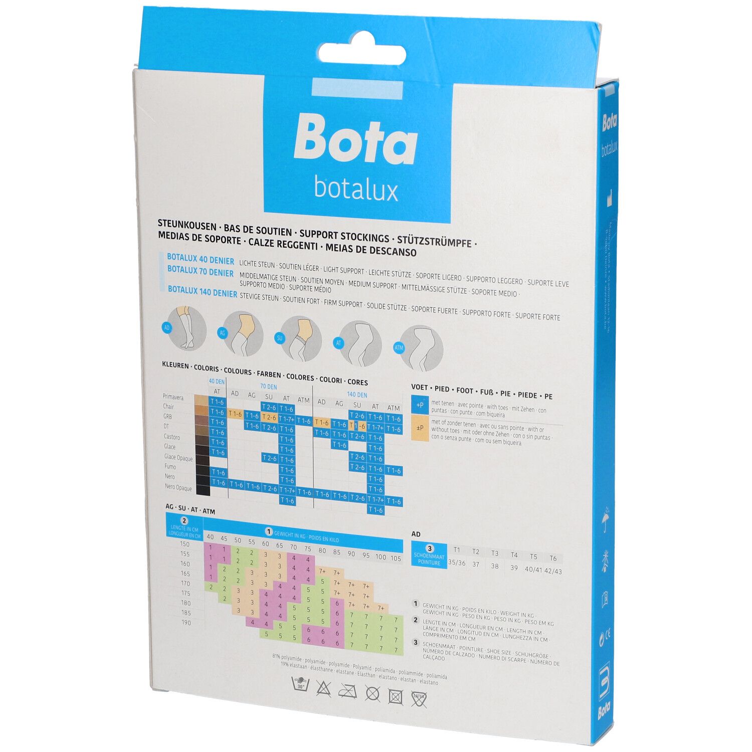 Dos de l'emballage Bota Botalux 70 de maternité. Tableau des tailles et des couleurs. Informations produit multilingues.