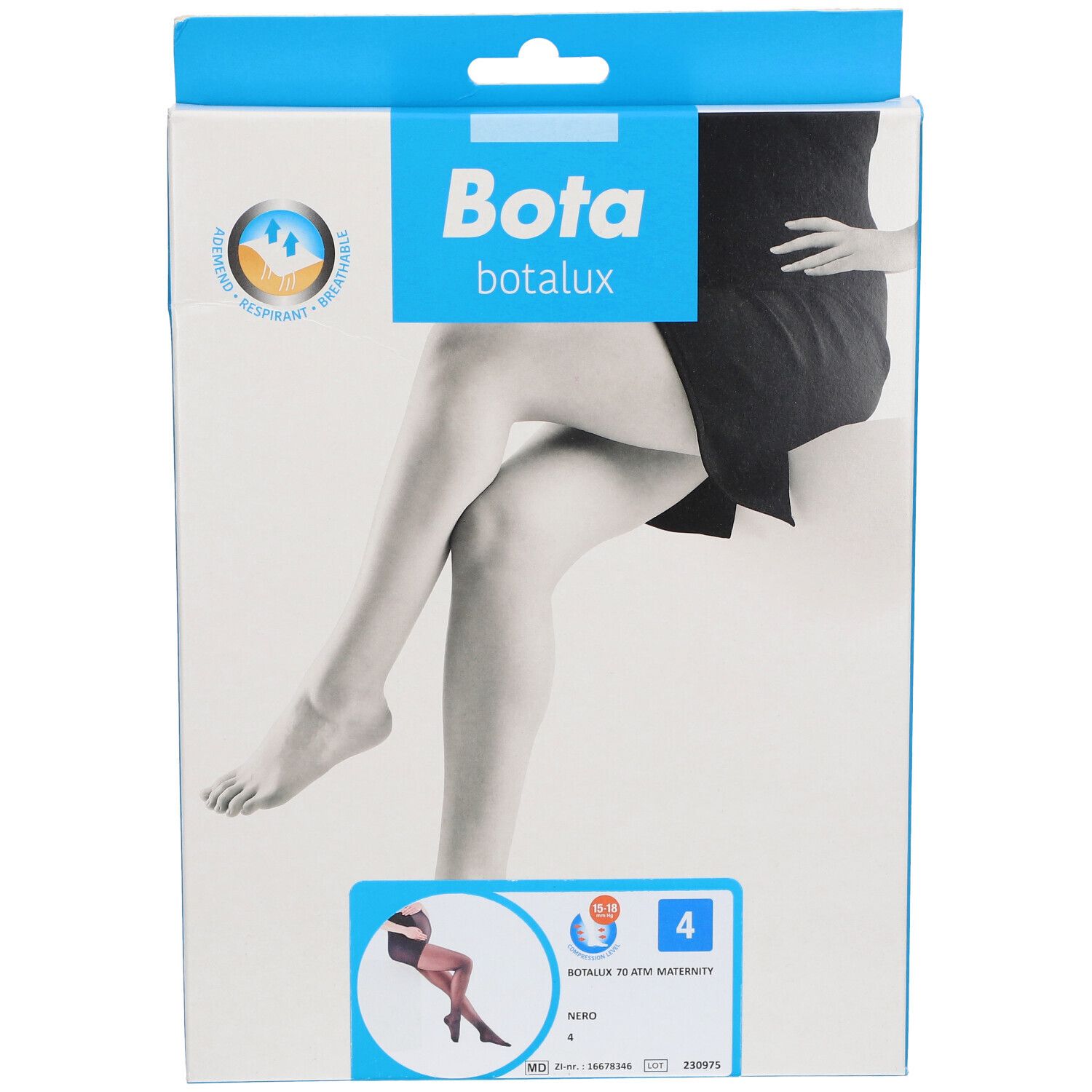 Vue de face de l'emballage Bota Botalux 70 de maternité. Nom du produit, taille 4 et illustration de jambes.