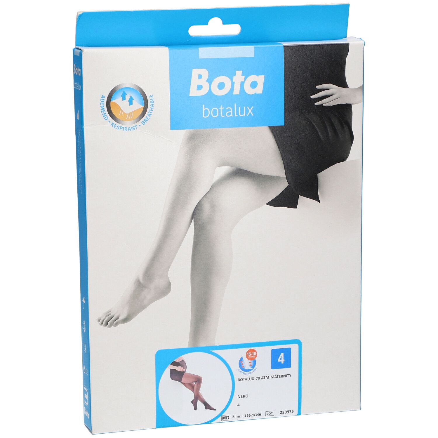 Vue de face de l'emballage Bota Botalux 70 de maternité. Nom du produit, taille 4 et illustration de jambes.