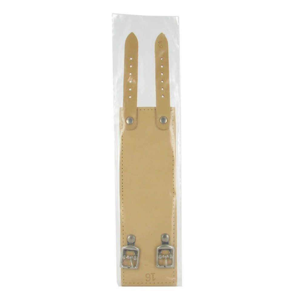 Bracelet en cuir beige de 16 cm, avec boucles et sangles argentées. Dans un emballage transparent.