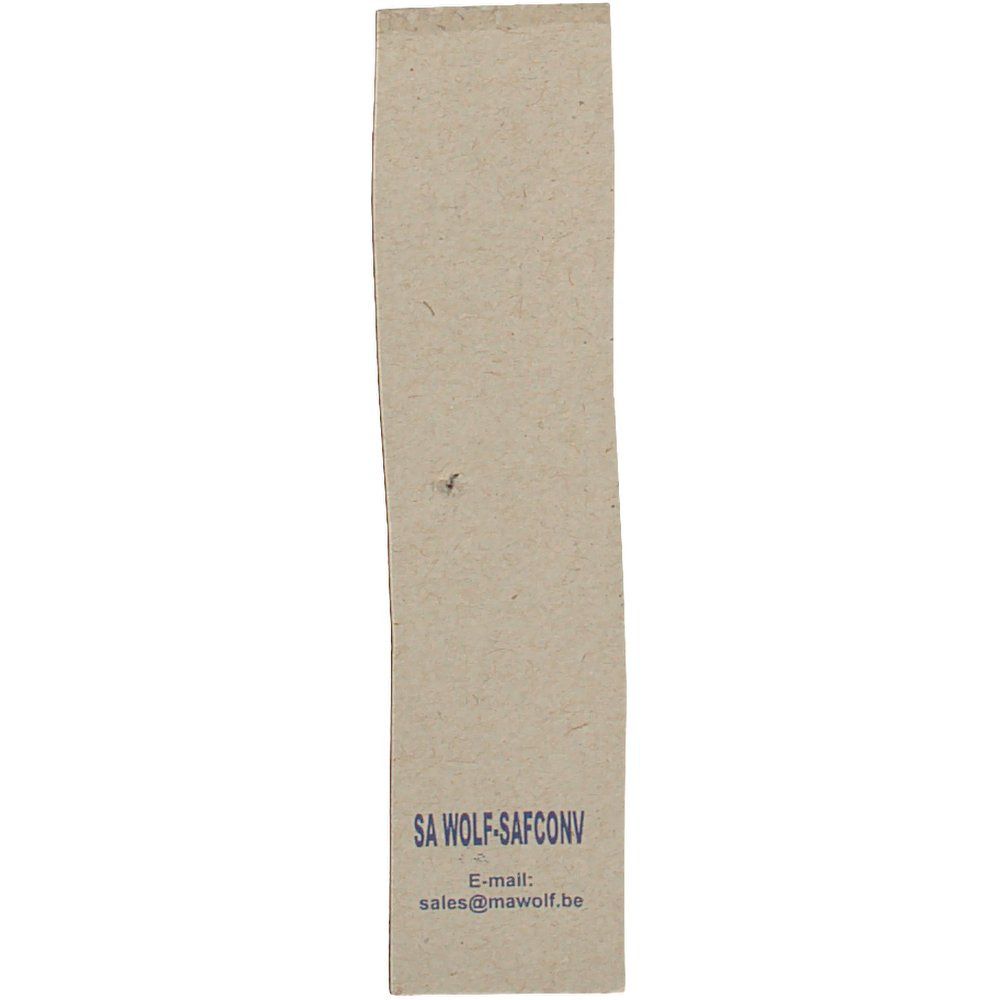Emballage rectangulaire marron clair. Texte bleu en bas: SA WOLF-SAFCONV, E-mail: sales@mawolf.be.