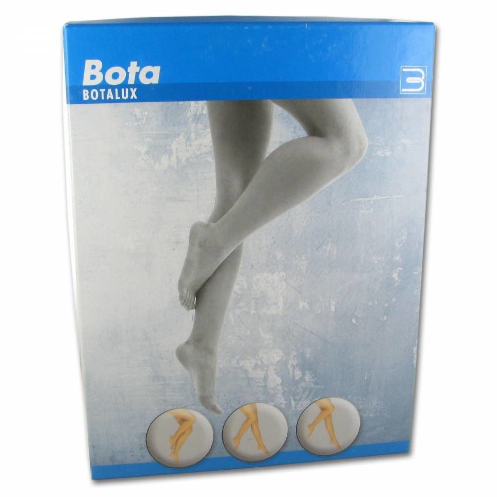 Emballage Bota Botalux. Illustration de jambes. Emballage bleu et blanc.