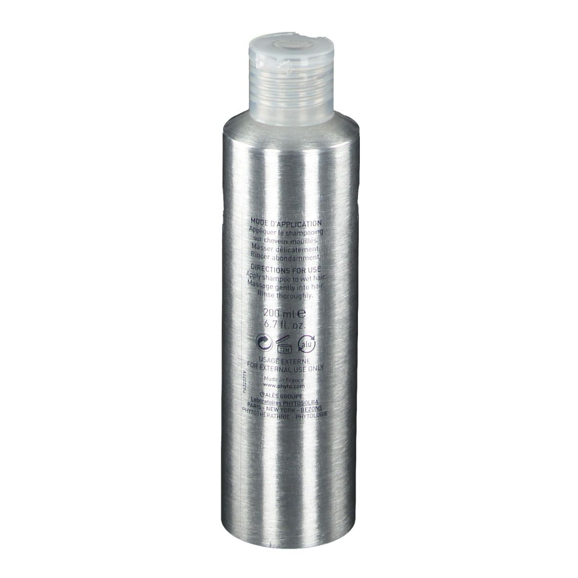Flacon de shampooing argenté, vue arrière. Texte sur étiquette blanche. Fermeture transparente.