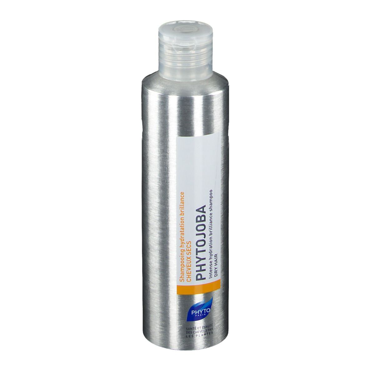 Flacon de shampooing argenté avec étiquette blanche. Inscription : PHYTOJOBA, Shampooing hydratation brillance, cheveux secs.