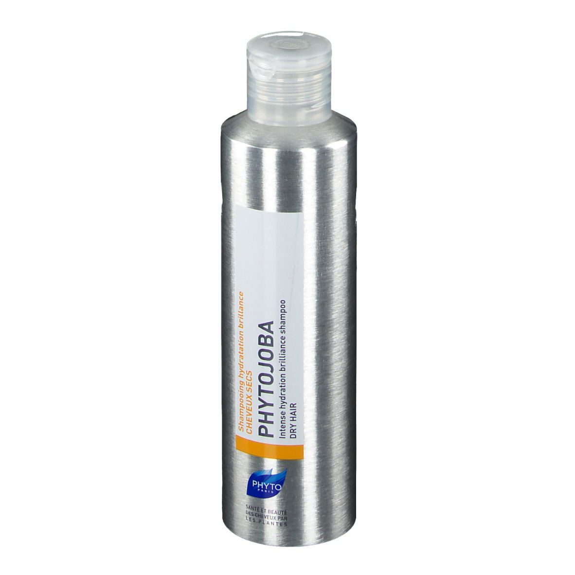 Flacon de shampooing argenté avec étiquette blanche. Inscription : PHYTOJOBA, Shampooing hydratation brillance, cheveux secs.