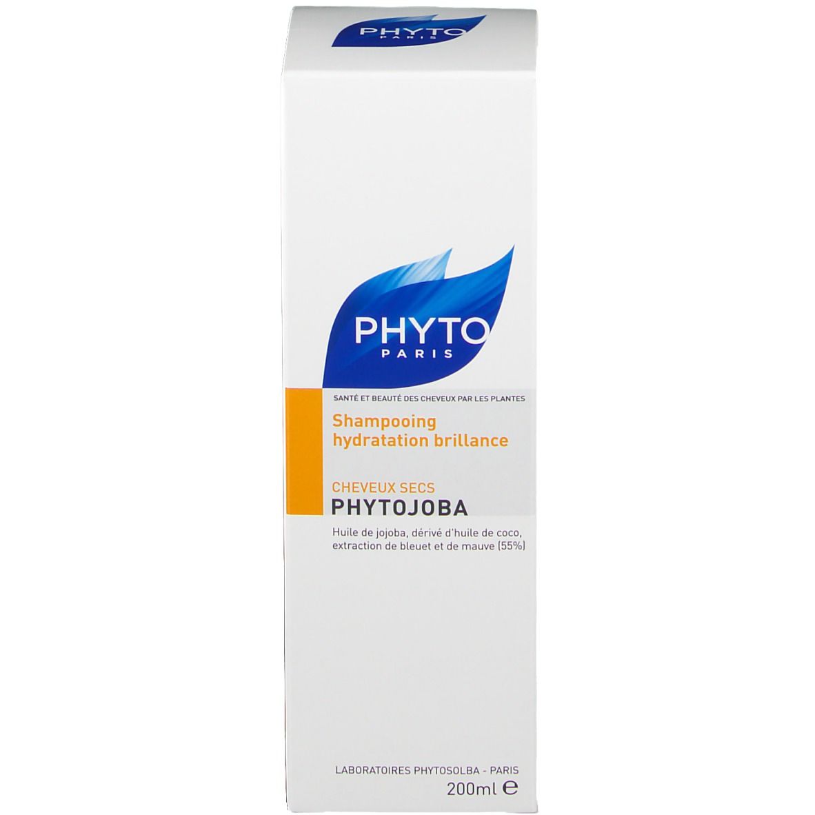 Boîte blanche avec logo bleu et texte. Inscription : Shampooing hydratation brillance, cheveux secs, PHYTOJOBA.