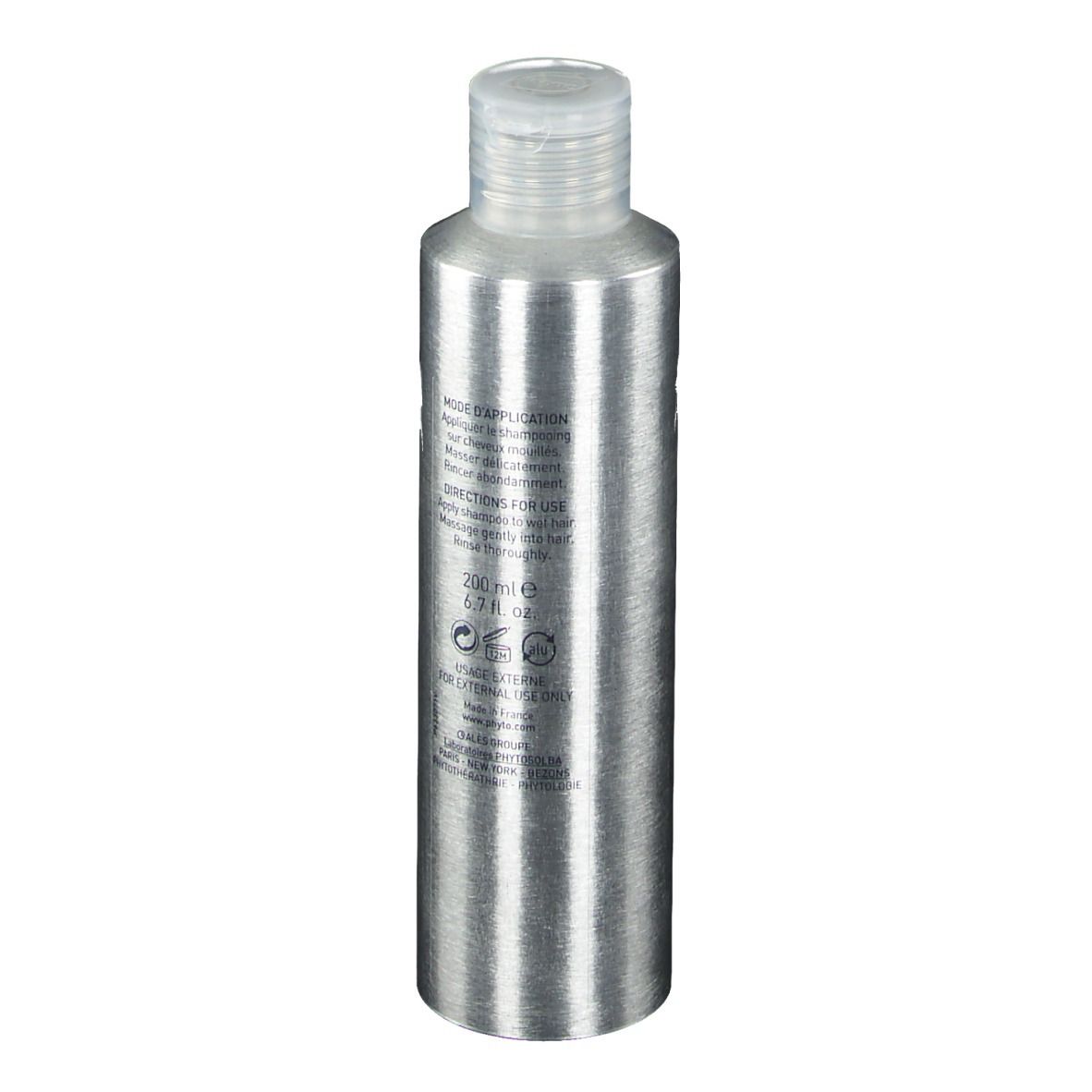 Dos d'un flacon de shampooing argenté. Étiquette blanche avec texte. Bouchon transparent. 250 ml.