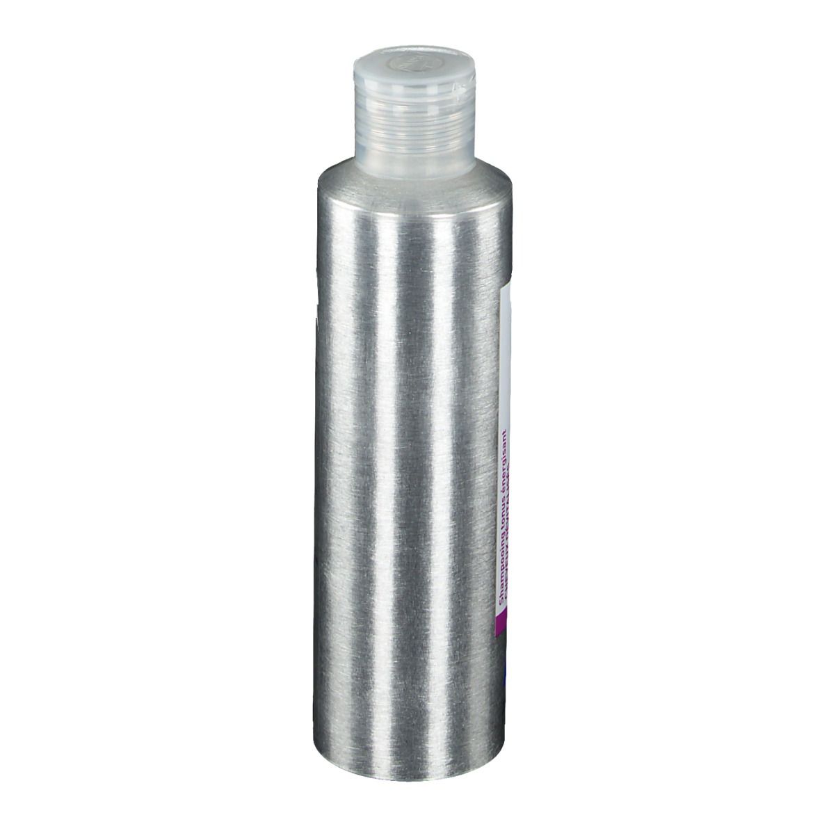 Flacon de shampooing argenté avec étiquette blanche. Bouchon transparent. Dos avec texte.
