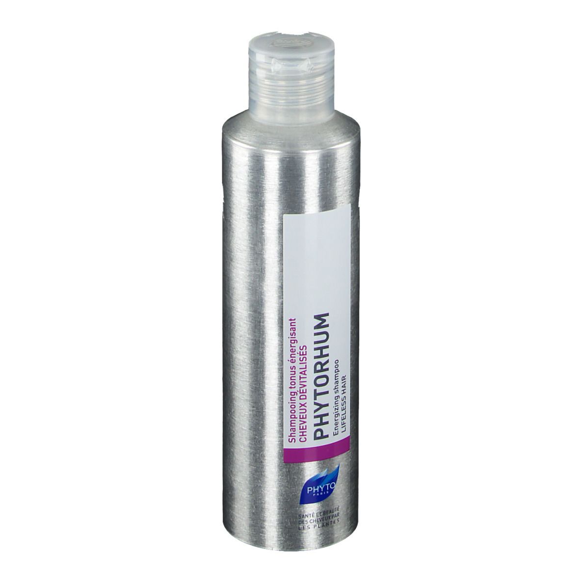 Flacon de shampooing argenté avec étiquette blanche. Inscription: PHYTORHUM, Energizing shampoo, pour cheveux sans vie. Bouchon transparent.