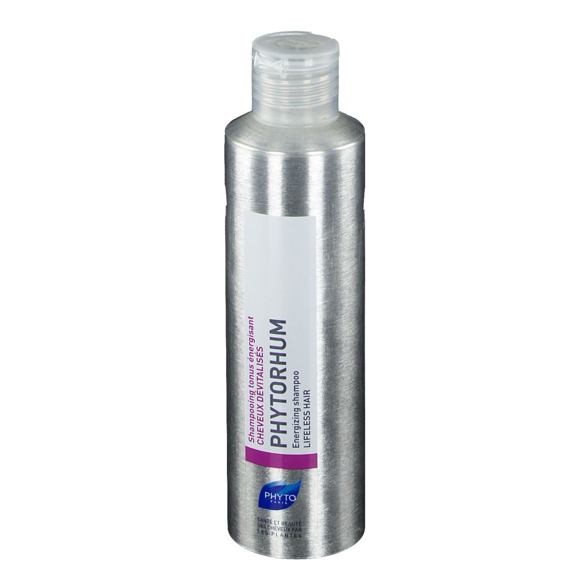 Flacon de shampooing argenté avec étiquette blanche. Inscription: PHYTORHUM, Energizing shampoo, pour cheveux sans vie. Bouchon transparent.