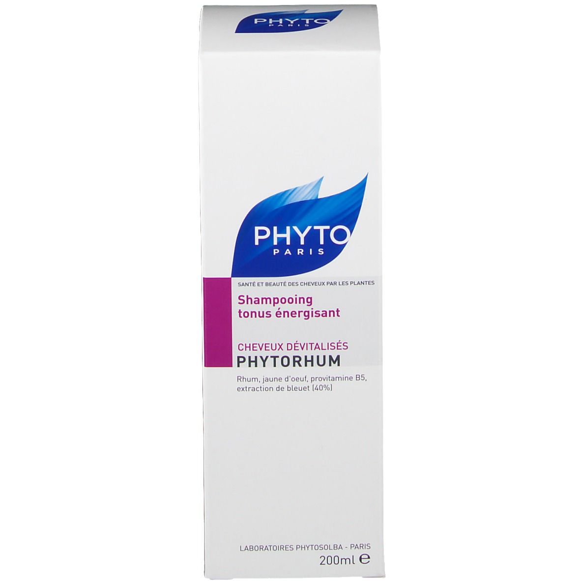 Boîte blanche avec logo bleu. Inscription: PHYTORHUM, Shampooing tonus énergisant, 200ml.
