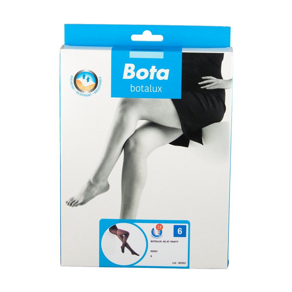 Emballage de collants Bota Botalux. Impression: jambes, illustration du produit, taille 6. Logo: Bota.