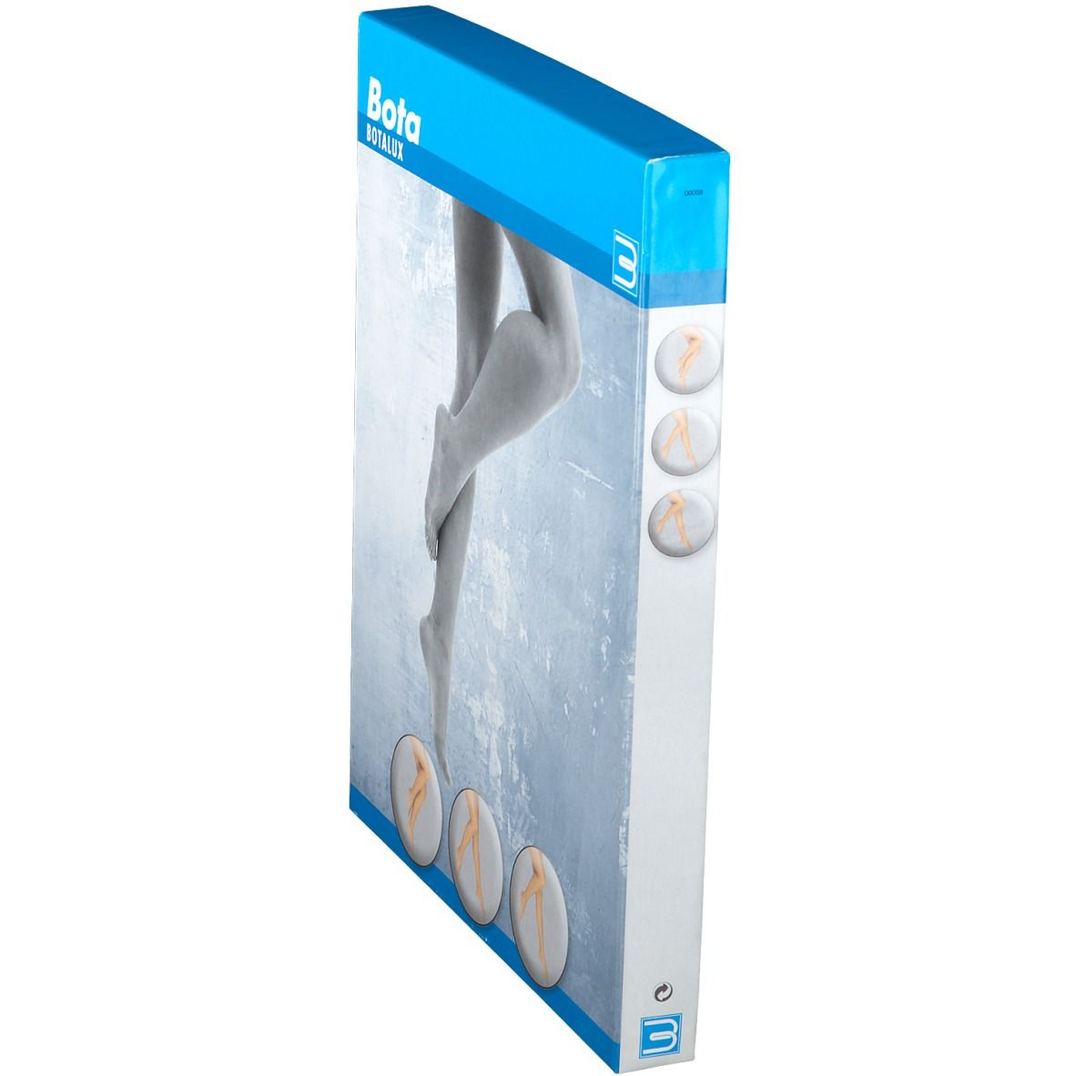 Verpackung, Bota-Logo. Seitenansicht. Abbildung von Beinen mit Kompressionsstrümpfen. Drei Produktabbildungen.