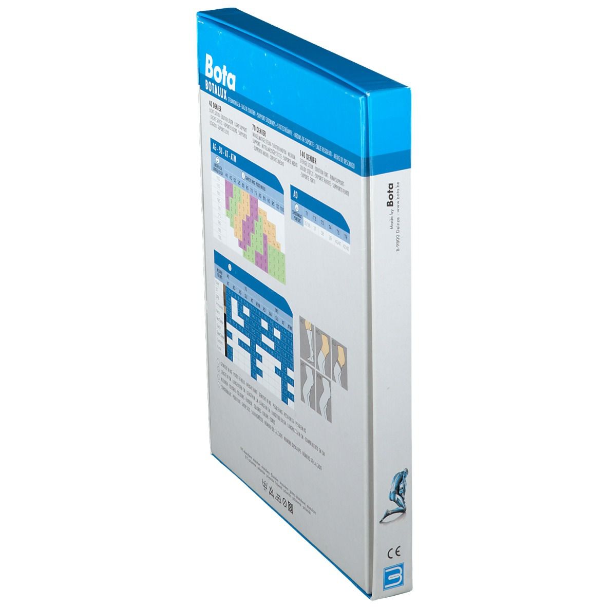 Verpackung, Rückseite. Bota-Logo. Tabellen mit Informationen zu Kompressionsstrümpfen. Größenangaben.