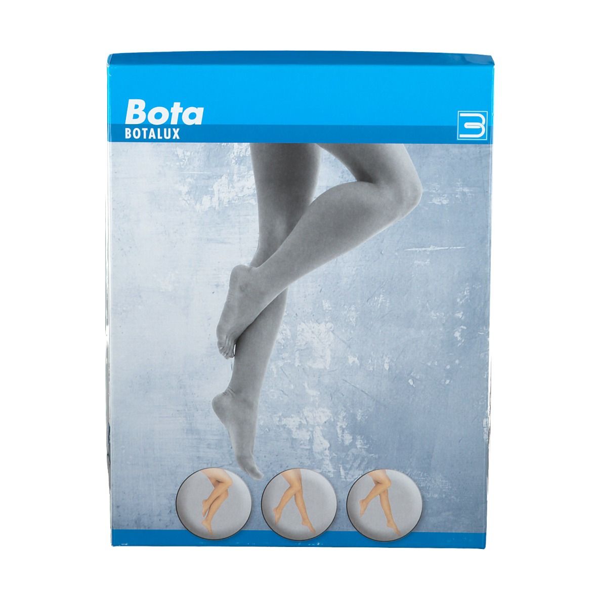 Verpackung mit Bota-Logo. Abbildung von Beinen mit Kompressionsstrümpfen. Drei Produktabbildungen unten.