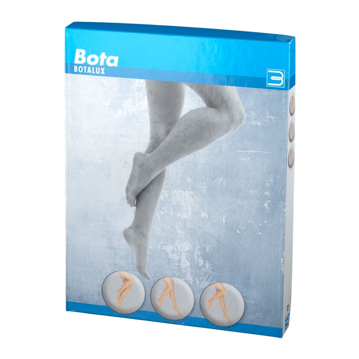Verpackung mit Bota-Logo. Abbildung von Beinen mit Kompressionsstrümpfen. Drei Produktabbildungen unten.