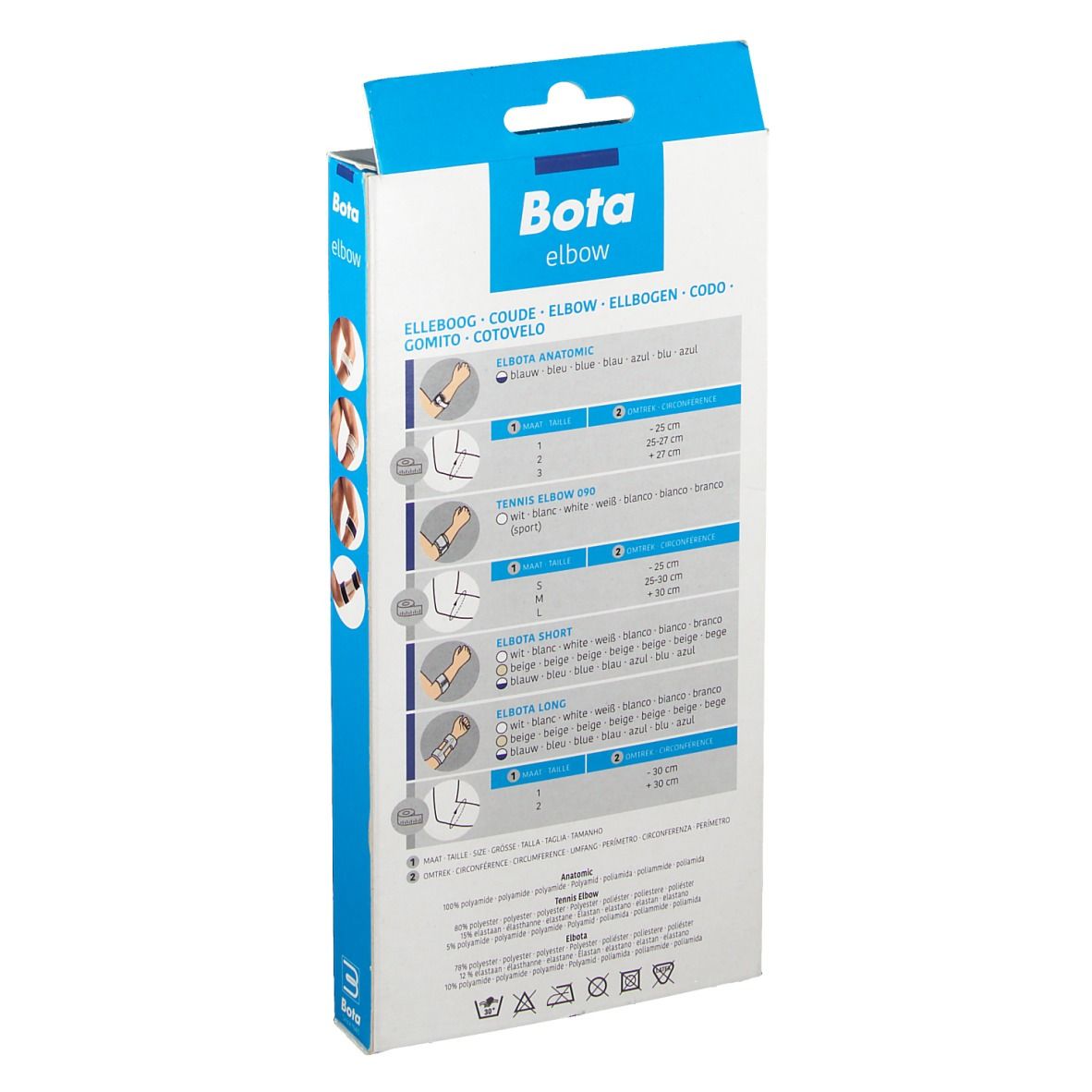 Dos de l'emballage Bota elbow. Indications de taille pour différents bandages de bras. Inscription : Bota, elbow.