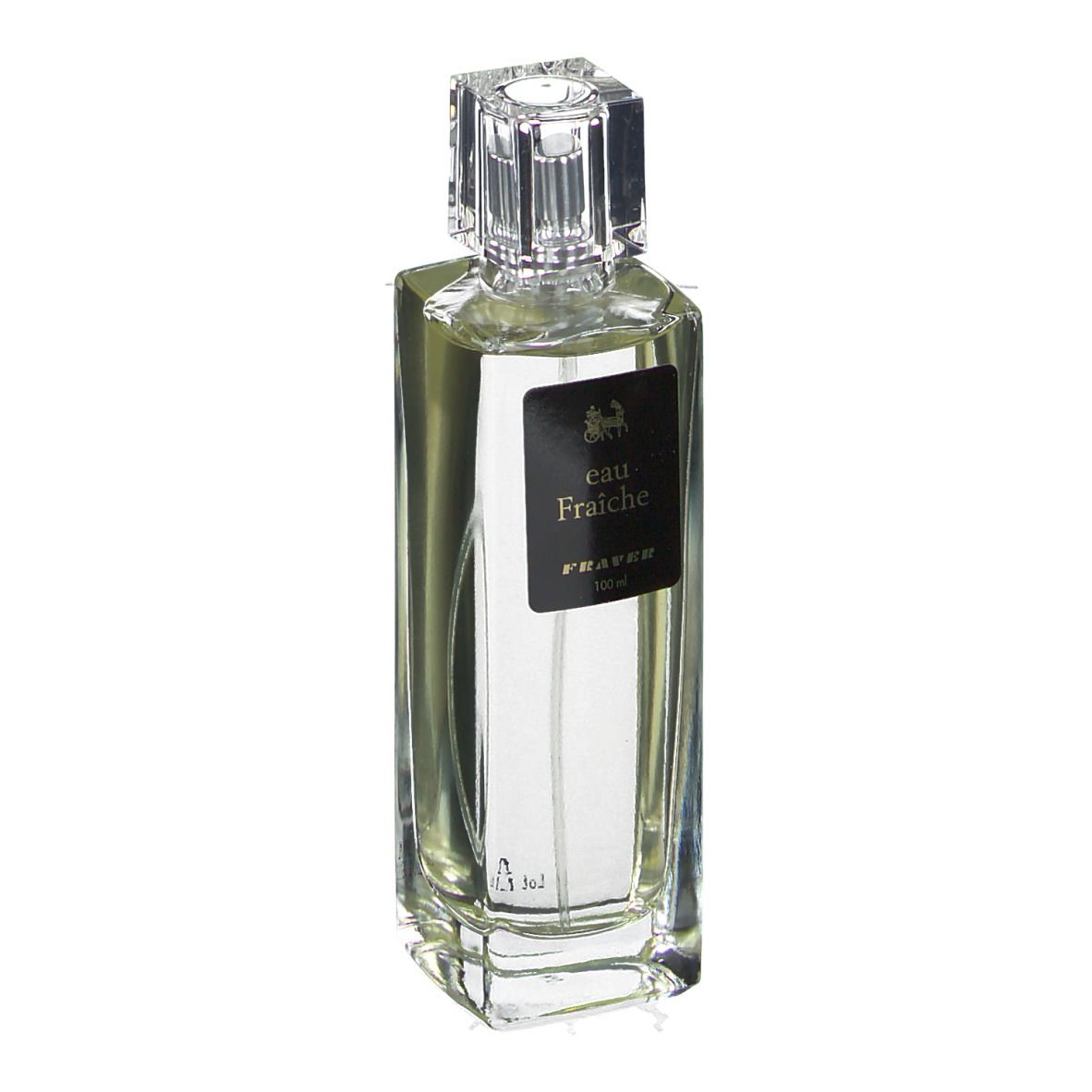 Rechteckige Glasflasche mit transparentem Inhalt und quadratischem Deckel. Schwarzes Etikett mit Text.