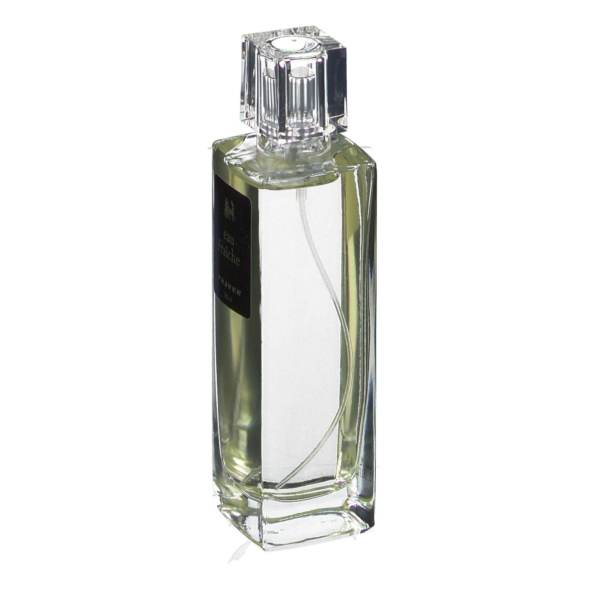 Rechteckige Glasflasche mit transparentem Inhalt und quadratischem Deckel. Schwarzes Etikett.