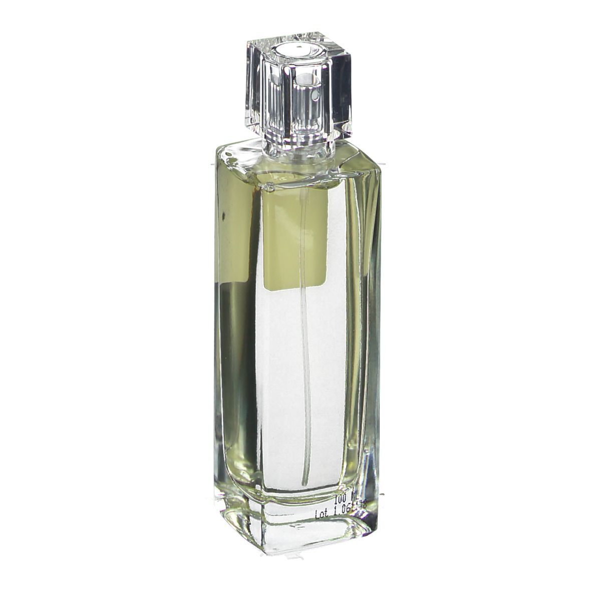 Rechteckige Glasflasche mit transparentem Inhalt und quadratischem Deckel. Schwarzes Etikett.