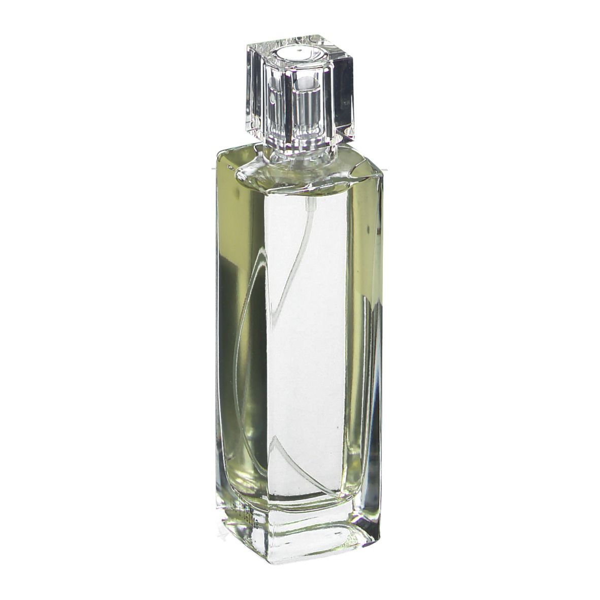 Rechteckige Glasflasche mit transparentem Inhalt und quadratischem Deckel. Schwarzes Etikett.