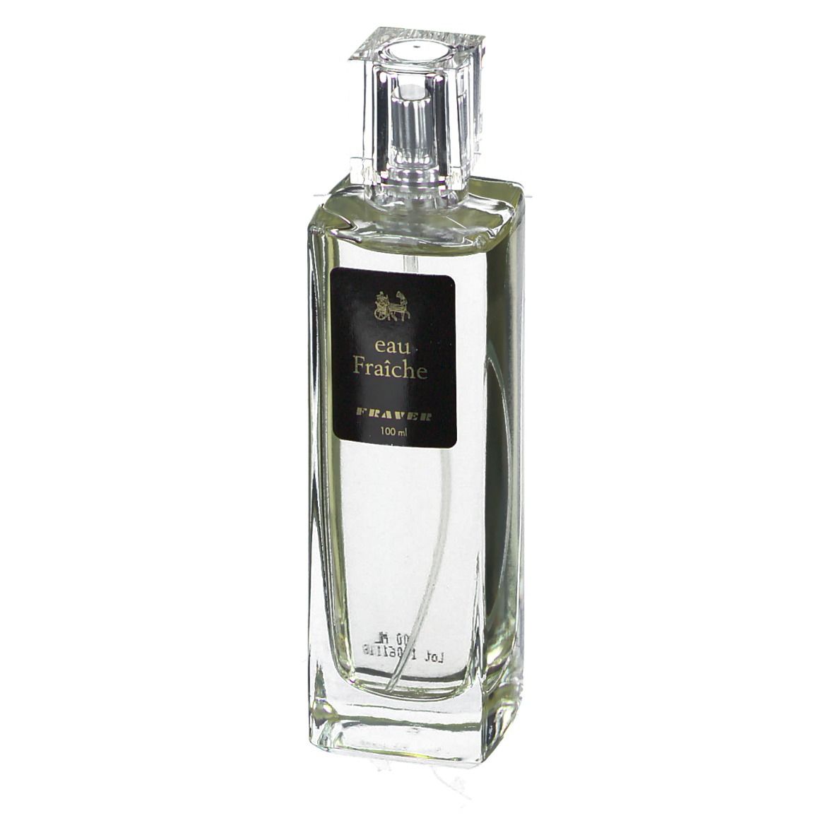 Rechteckige Glasflasche mit transparentem Inhalt und quadratischem Deckel. Schwarzes Etikett mit Text.