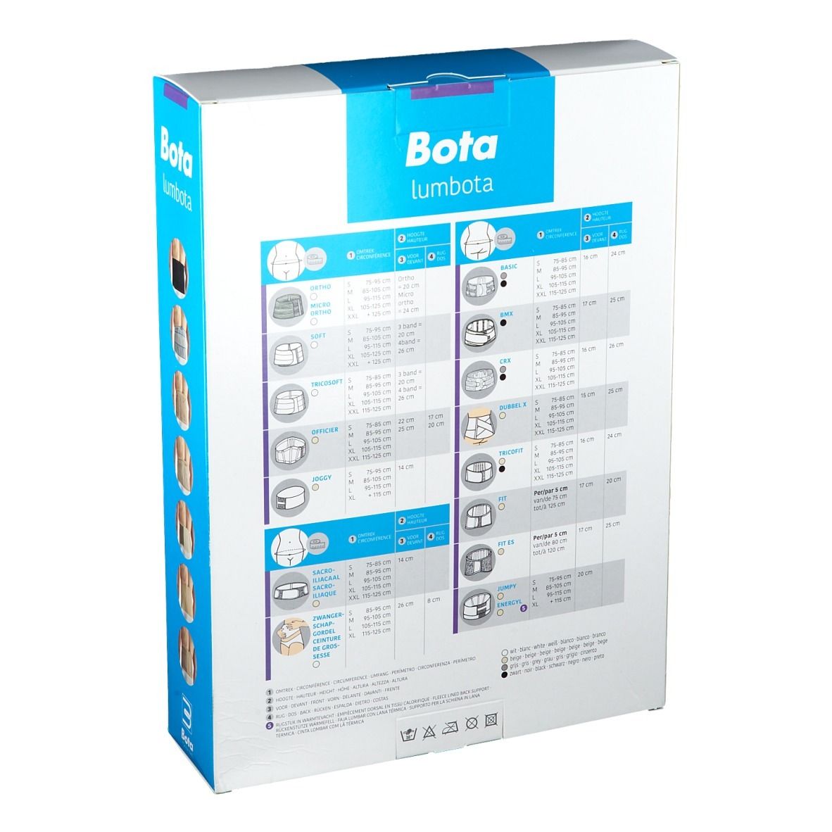 Dos de l'emballage Bota Lumbota. Images du produit et informations de taille. Différentes variantes et tailles de produits.