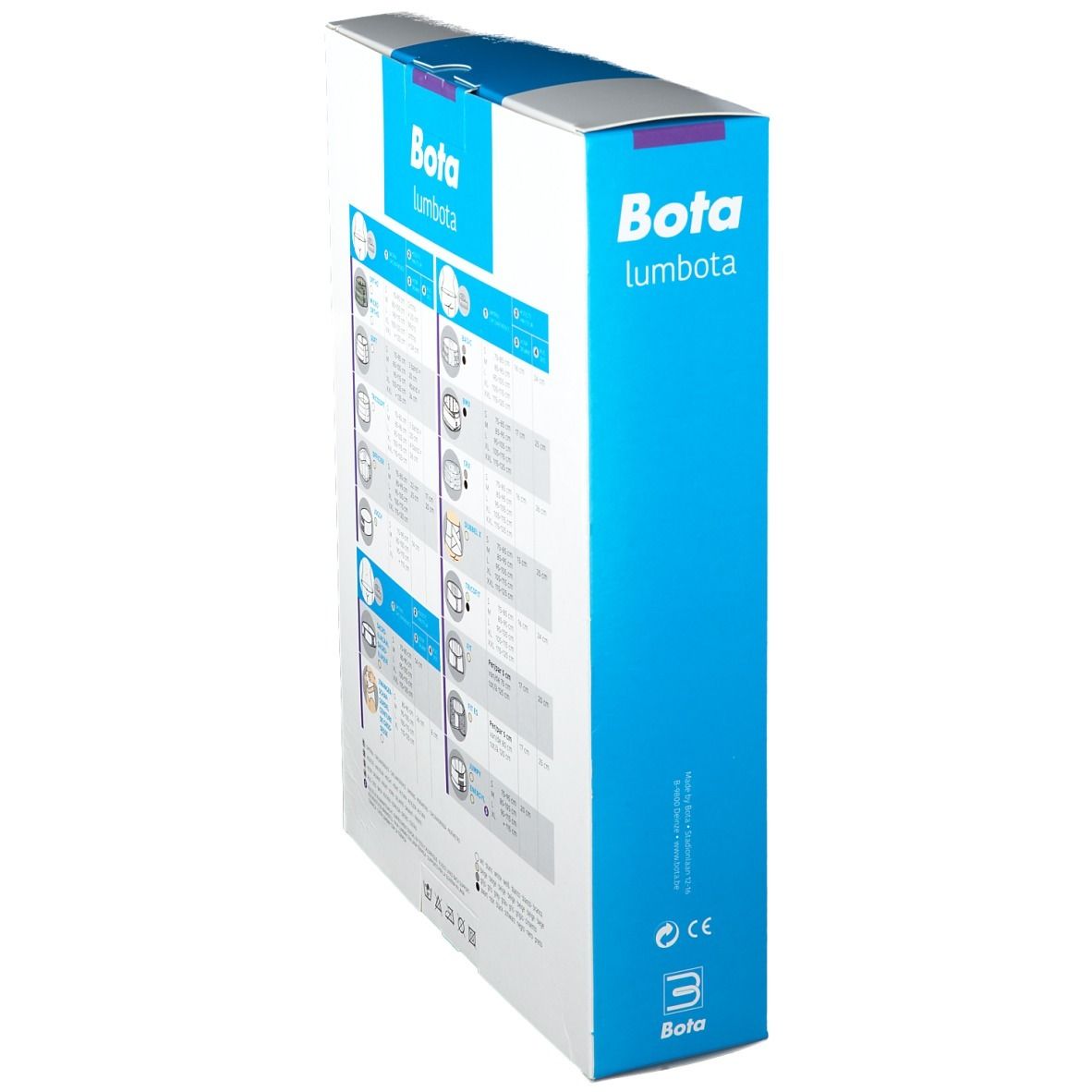 Emballage Bota Lumbota, vue latérale. Logo et nom du produit. Marquage CE. Images du produit et informations de taille.