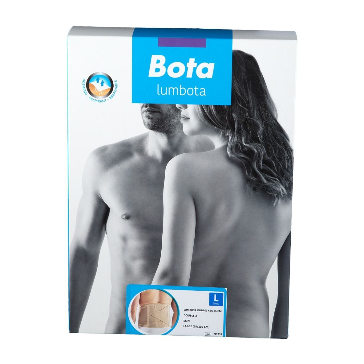 Emballage Bota Lumbota. Logo et nom du produit. Image d'un homme et d'une femme. Image du produit et informations de taille. Taille L.